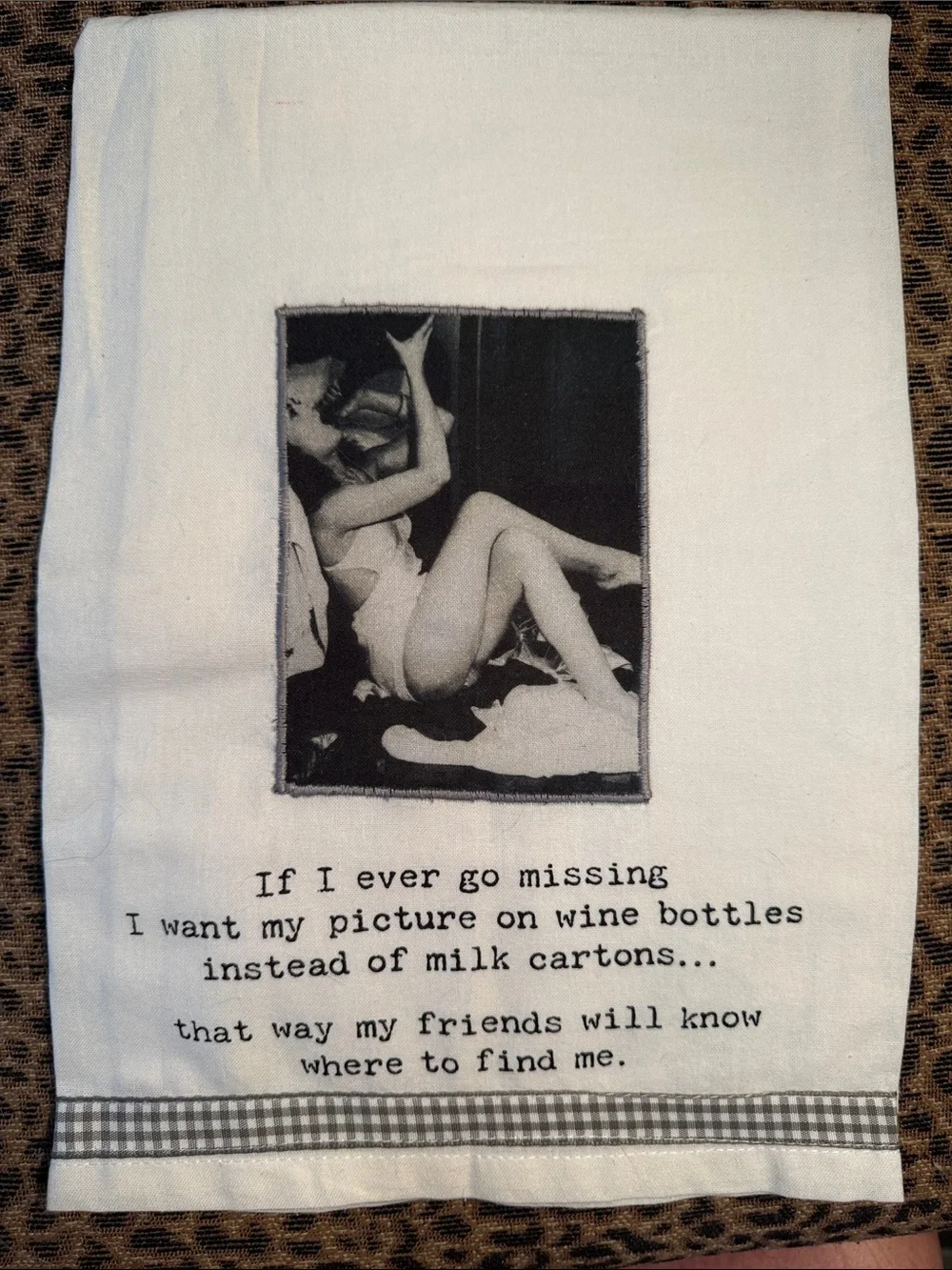 Humorous Missing Person Wine Bottle Tea Towel - Black and White. 28x28.BRAND NEW - Picture 1 of 5